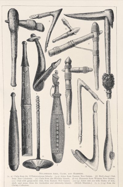 Melanesian axes, clubs and hammers, from The History of Mankind, Vol.1, by Prof. Friedrich Ratzel, 1896 by English School